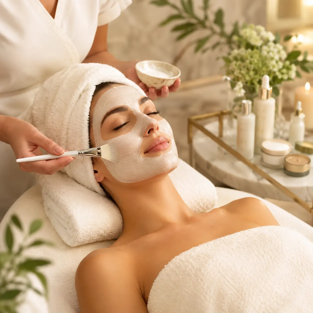 A facial treatment being applied with a brush