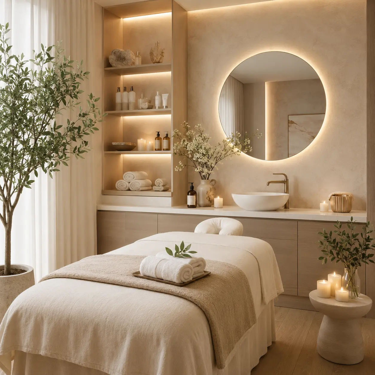 A softly lit private treatment room with candles, towels and greenery