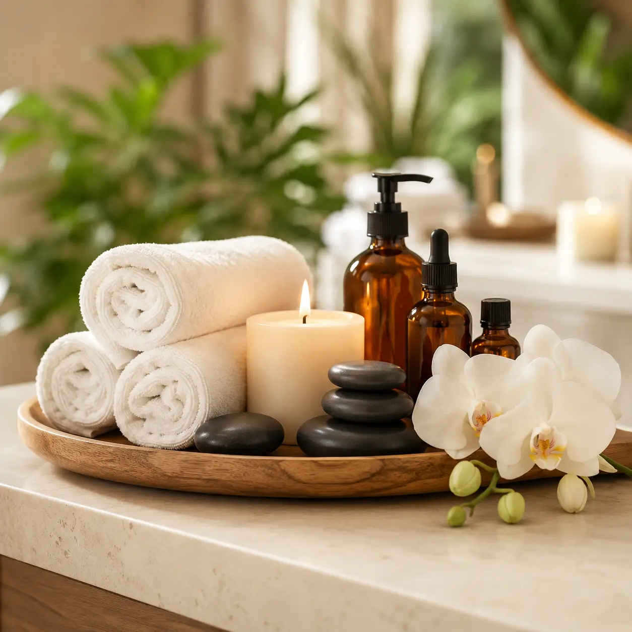 Spa tray with rolled towels, a lit candle, oils and orchids